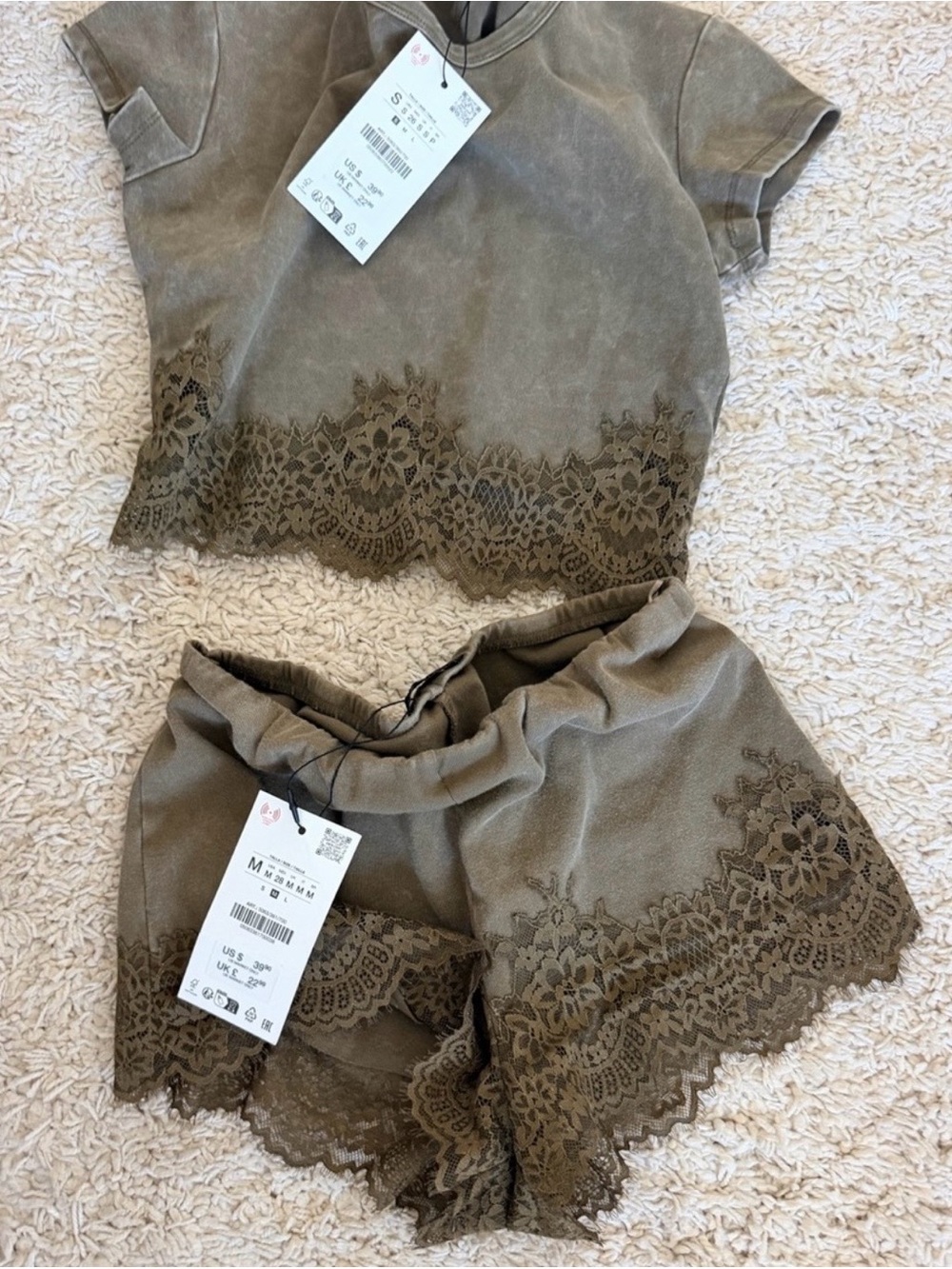 Zara NWT Olive Lace-Trim l Set -